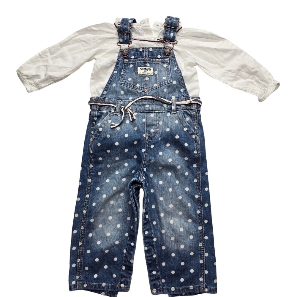 OshKosh Bgosh Polka Dot Denim Overalls and Bodysuit Set Blue White 18M Girls
